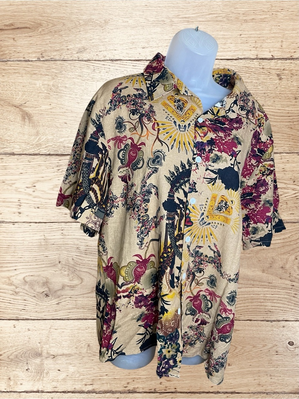 Casual Beige Floral Print Short-Sleeve Button-Down Shirt